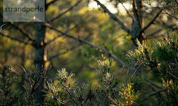 Nahaufnahme auf Zedernzweig in Regentropfen  Bokeh Hintergrund AI generiert  KI generiert