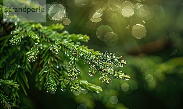 Nahaufnahme auf Zedernzweig in Regentropfen  Bokeh Hintergrund AI generiert  KI generiert