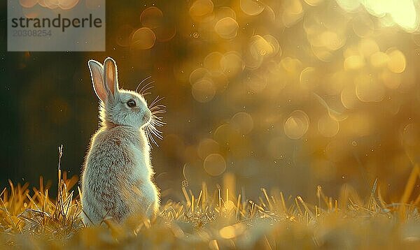 Ein aufrecht sitzender Hase im Wald  Bokeh Lichter AI erzeugt  KI generiert