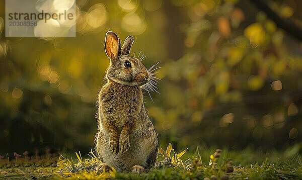 Ein aufrecht sitzender Hase im Wald  Bokeh Lichter AI erzeugt  KI generiert