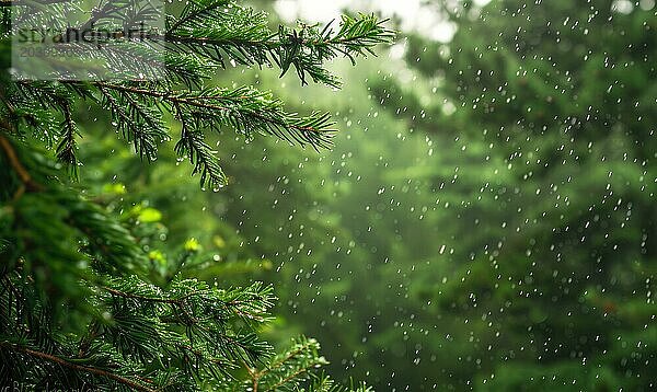 Nahaufnahme auf Zedernzweig in Regentropfen  Bokeh Hintergrund AI generiert  KI generiert