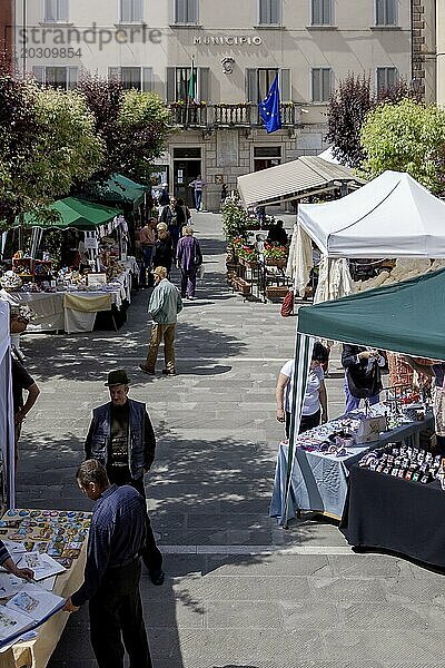 Wochenmarkt vor dem Rathaus in Asciano  Crete Senesi  Toskana  Italien  Europa