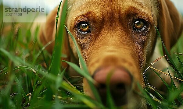 Nahaufnahme eines neugierigen Labrador Welpen  der ein grasbewachsenes Feld erkundet AI generiert  KI generiert