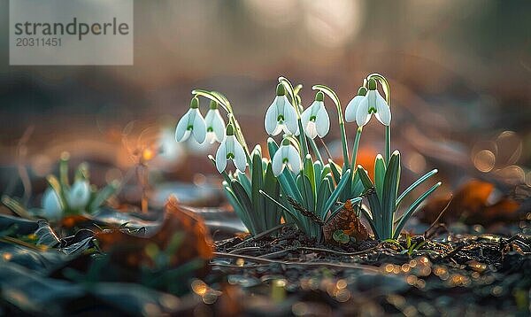 Schneeglöckchen blühen im Wald  Nahaufnahme  Bokeh Licht AI generiert  KI generiert