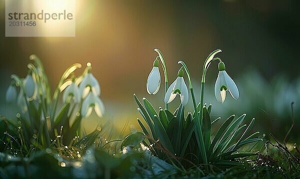 Schneeglöckchen blühen im Wald  Nahaufnahme  Bokeh Licht AI generiert  KI generiert