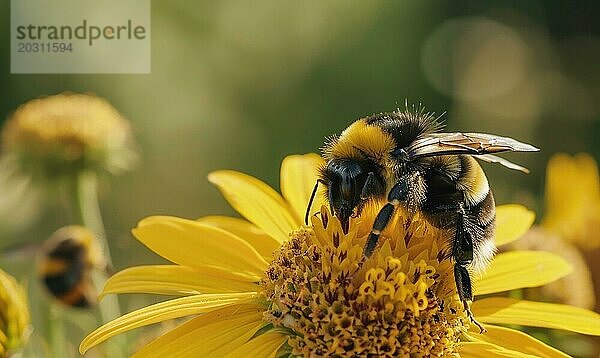 Hummel sammelt Pollen von Blüten  Nahaufnahme  selektiver Fokus AI generiert  KI generiert