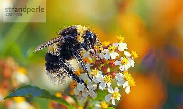 Hummel sammelt Pollen von Blüten  Nahaufnahme  selektiver Fokus AI generiert  KI generiert