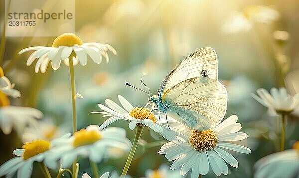 Schmetterling inmitten von Wildblumen  Nahaufnahme  selektiver Fokus  Frühling Natur AI generiert  KI generiert