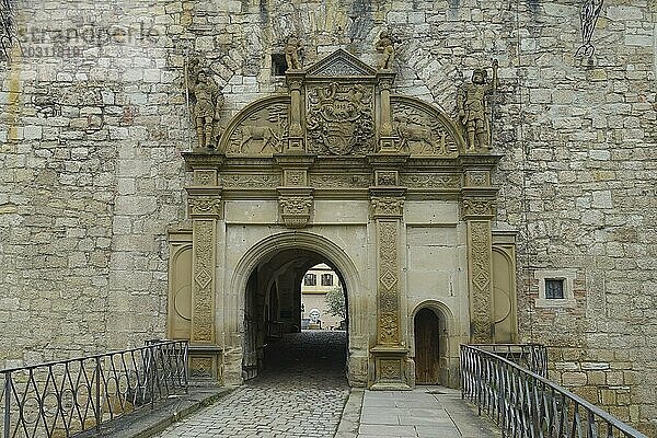 Portal  Tor  Rundbogen  Brücke  Kopfsteinpflaster  Steinfiguren  Wappen  Relief  Verzierung  Schloss Hohentübingen  Museum der Universität Tübingen MUT  Hochschuleinrichtung  historisches Gebäude  Lernort  Renaissance-Anlage erbaut im 16. Jahrhundert  Eberhard Karls Universität Tübingen  Tübingen  Baden-Württemberg  Deutschland  Europa