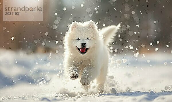 Flauschiger Samojeden Welpe mit glücklichem Gesichtsausdruck  der im Schnee herumtollt AI generiert  KI generiert