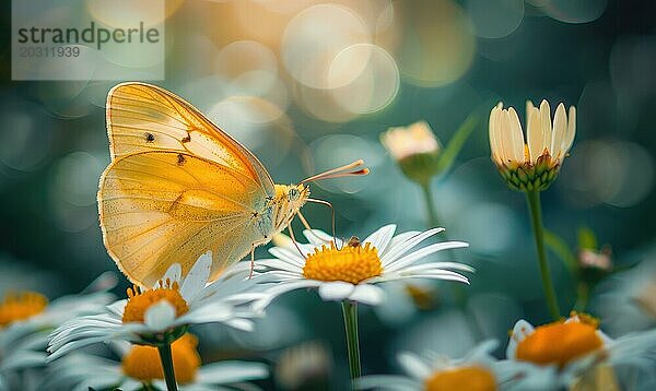 Schmetterling inmitten von Wildblumen  Nahaufnahme  selektiver Fokus  Frühling Natur AI generiert  KI generiert