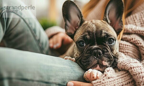 Französische Bulldogge Welpe kuscheln mit seinem Besitzer auf einer weichen Couch AI generiert  KI generiert