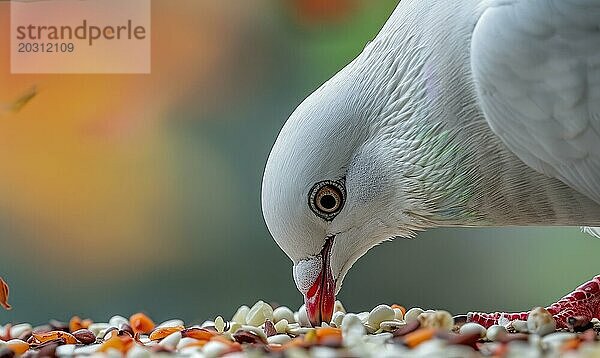 Nahaufnahme des Schnabels einer weißen Taube  die an verstreuten Vogelsamen pickt AI generiert  KI generiert