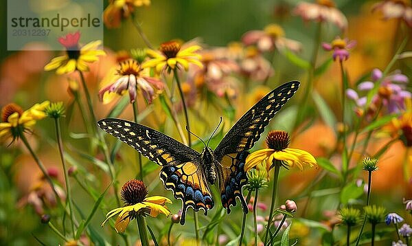 Schmetterling inmitten von Wildblumen  Nahaufnahme  selektiver Fokus  Frühling Natur AI generiert  KI generiert