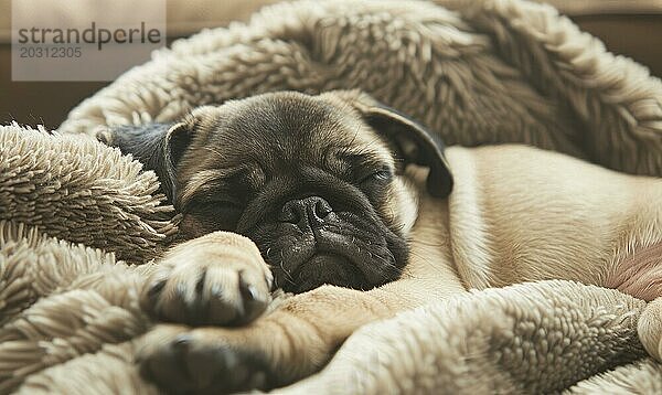 Schläfriger Mops Welpe  zusammengerollt in einem weichen Bett AI erzeugt  KI generiert