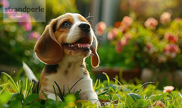 Glücklicher Beagle Welpe mit Schlappohren  der einen sonnigen Tag im Garten genießt AI erzeugt  KI generiert