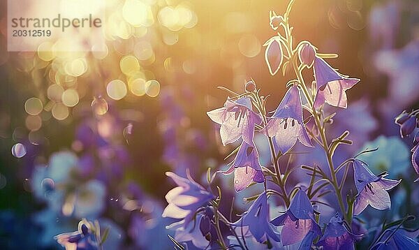 Glockenblumen blühen in einem Cottage Garten  Nahaufnahme  Weichzeichner AI generiert  KI generiert