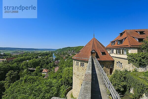 Schloss Hohentübingen  Ausblick über Tübingen  Neckar  FlussMuseum der Universität Tübingen MUT  Hochschuleinrichtung  historisches Gebäude  Lernort  Renaissance-Anlage erbaut im 16. Jahrhundert  Eberhard Karls Universität Tübingen  Tübingen  Baden-Württemberg  Deutschland  Europa