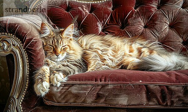 Maine Coon Katze mit luxuriösem Fell auf einem Plüschsamt Sofa liegend AI erzeugt  KI generiert