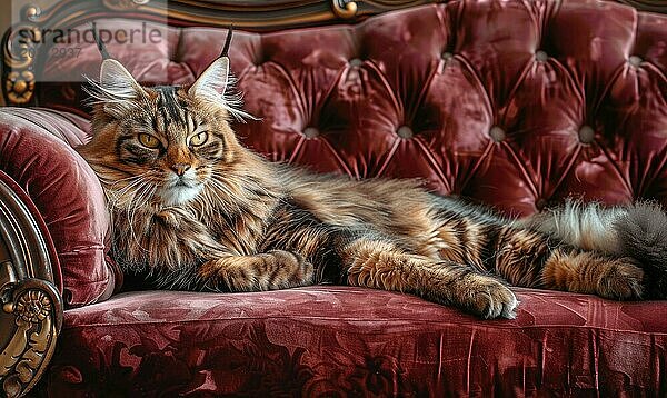 Maine Coon Katze mit luxuriösem Fell auf einem Plüschsamt Sofa liegend AI erzeugt  KI generiert