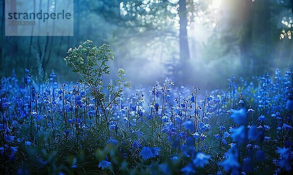 Glockenblumen in einer Waldlichtung  Nahaufnahme  selektiver Fokus AI generiert  KI generiert