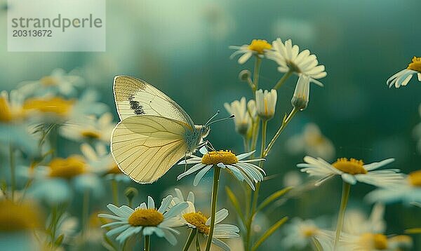 Schmetterling inmitten von Wildblumen  Nahaufnahme  selektiver Fokus  Frühling Natur AI generiert  KI generiert