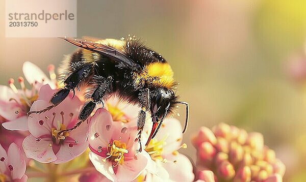 Hummel sammelt Pollen von Blüten  Nahaufnahme  selektiver Fokus AI generiert  KI generiert