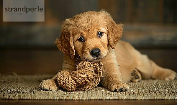 Adorable Golden Retriever Welpen spielen mit einem Kauspielzeug AI generiert  KI generiert