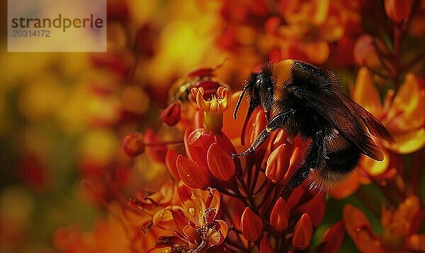 Hummel sammelt Pollen von Blüten  Nahaufnahme  selektiver Fokus AI generiert  KI generiert