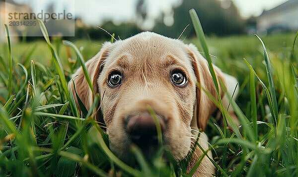 Nahaufnahme eines neugierigen Labrador Welpen  der ein grasbewachsenes Feld erkundet AI generiert  KI generiert