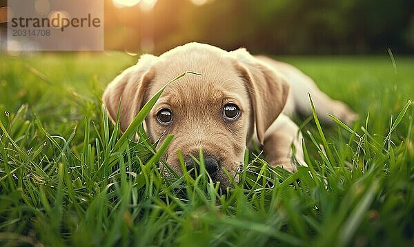 Nahaufnahme eines neugierigen Labrador Welpen  der ein grasbewachsenes Feld erkundet AI generiert  KI generiert