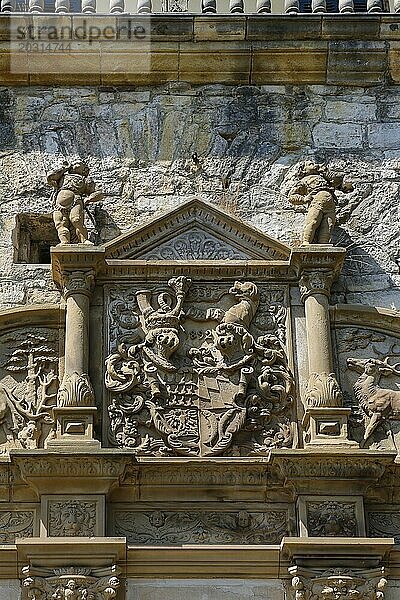 Steinfiguren  Putten  Putti  Wappen  Relief  Verzierung über Portal  Detail  Schloss Hohentübingen  Museum der Universität Tübingen MUT  Hochschuleinrichtung  historisches Gebäude  Lernort  Renaissance-Anlage erbaut im 16. Jahrhundert  Eberhard Karls Universität Tübingen  Tübingen  Baden-Württemberg  Deutschland  Europa