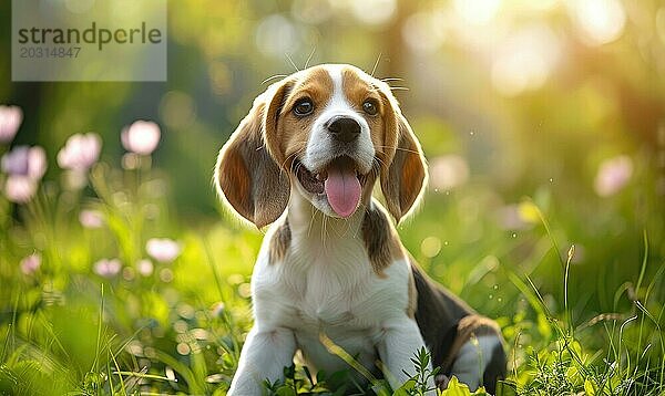 Glücklicher Beagle Welpe mit Schlappohren  der einen sonnigen Tag im Garten genießt AI erzeugt  KI generiert