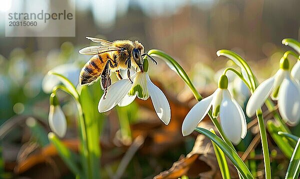 Biene sammelt Nektar aus Schneeglöckchenblüten  Nahaufnahme  selektiver Fokus AI generiert  KI generiert