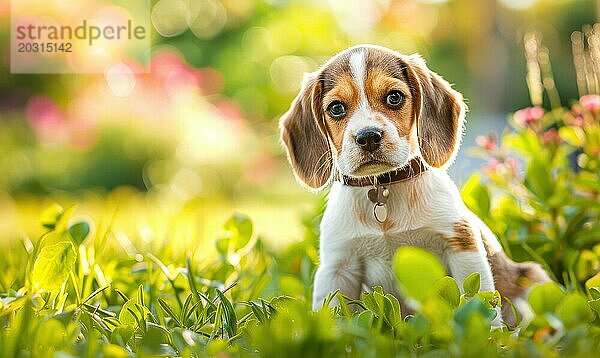 Glücklicher Beagle Welpe mit Schlappohren  der einen sonnigen Tag im Garten genießt AI erzeugt  KI generiert