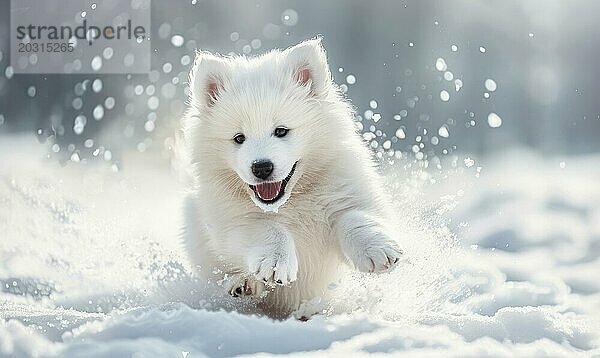 Flauschiger Samojeden Welpe mit glücklichem Gesichtsausdruck  der im Schnee herumtollt AI generiert  KI generiert