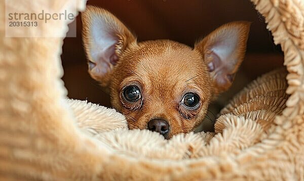 Kleiner Chihuahua Welpe  der aus einem kuscheligen Hundebett herausschaut AI erzeugt  KI generiert