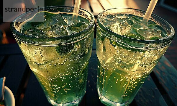 Erfrischende grüne Limonade mit Eis in einem Glas auf einem Holztisch AI erzeugt  KI generiert