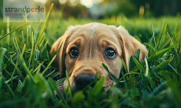 Nahaufnahme eines neugierigen Labrador Welpen  der ein grasbewachsenes Feld erkundet AI generiert  KI generiert