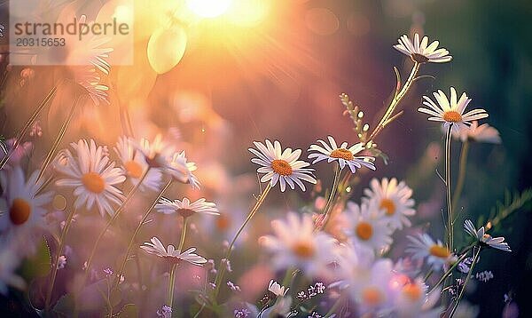 Sonnenbeschienene Wiese mit Gänseblümchen  Nahaufnahme  Bokeh Licht AI erzeugt  KI generiert