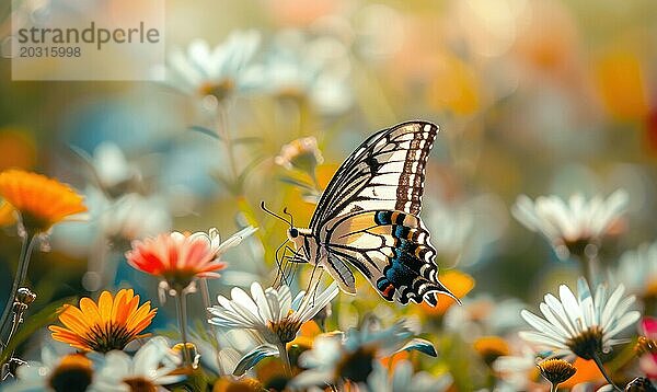 Schmetterling inmitten von Wildblumen  Nahaufnahme  selektiver Fokus  Frühling Natur AI generiert  KI generiert