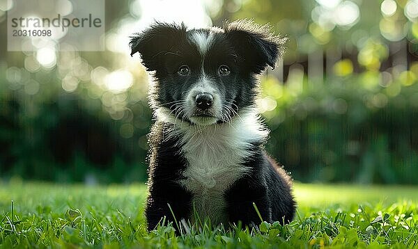 Border Collie Welpe wartet sehnsüchtig auf eine Partie Apportieren in einem grasbewachsenen Park AI generiert  KI generiert