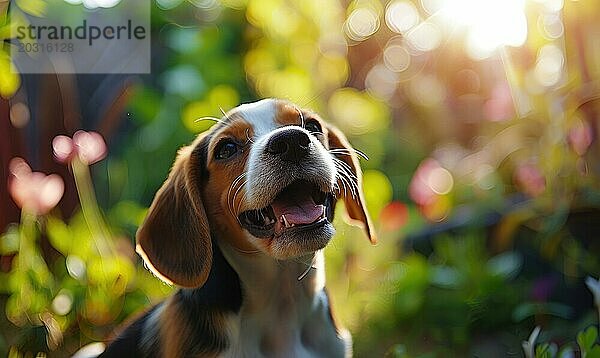 Glücklicher Beagle Welpe mit Schlappohren  der einen sonnigen Tag im Garten genießt AI erzeugt  KI generiert