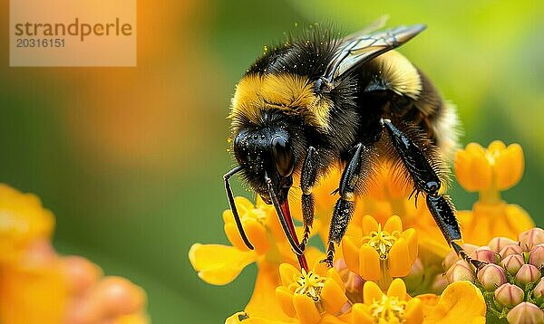 Hummel sammelt Pollen von Blüten  Nahaufnahme  selektiver Fokus AI generiert  KI generiert