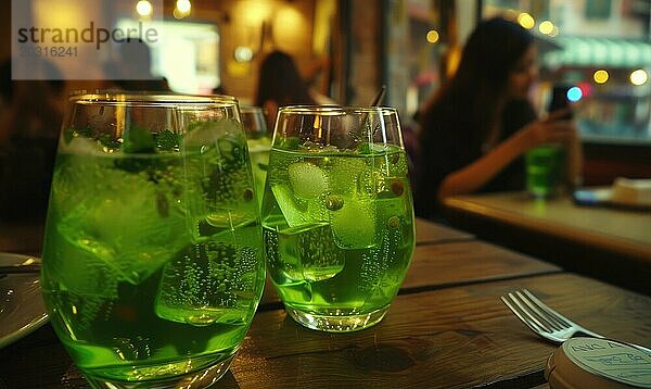 Erfrischende grüne Limonade mit Eis in einem Glas auf einem Holztisch AI erzeugt  KI generiert