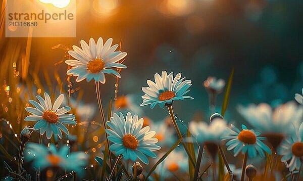 Sonnenbeschienene Wiese mit Gänseblümchen  Nahaufnahme  Bokeh Licht AI erzeugt  KI generiert