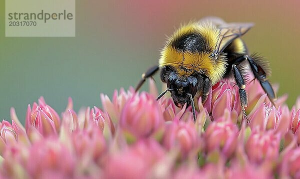 Hummel sammelt Pollen von Blüten  Nahaufnahme  selektiver Fokus AI generiert  KI generiert