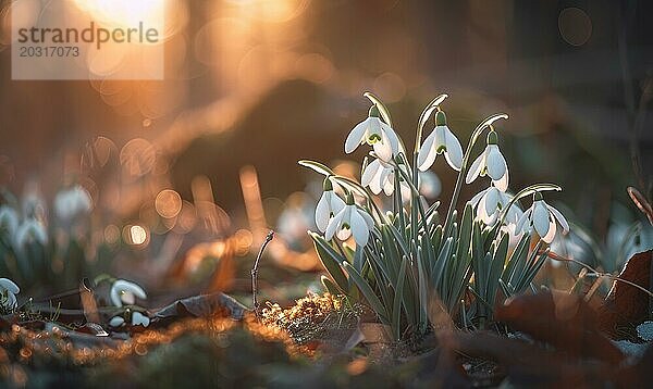 Schneeglöckchen blühen im Wald  Nahaufnahme  Bokeh Licht AI generiert  KI generiert