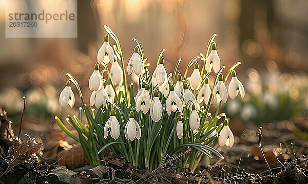 Schneeglöckchen blühen im Wald  Nahaufnahme  Bokeh Licht AI generiert  KI generiert