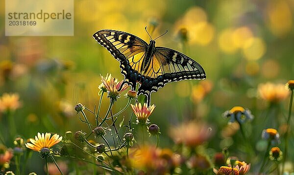 Schmetterling inmitten von Wildblumen  Nahaufnahme  selektiver Fokus  Frühling Natur AI generiert  KI generiert